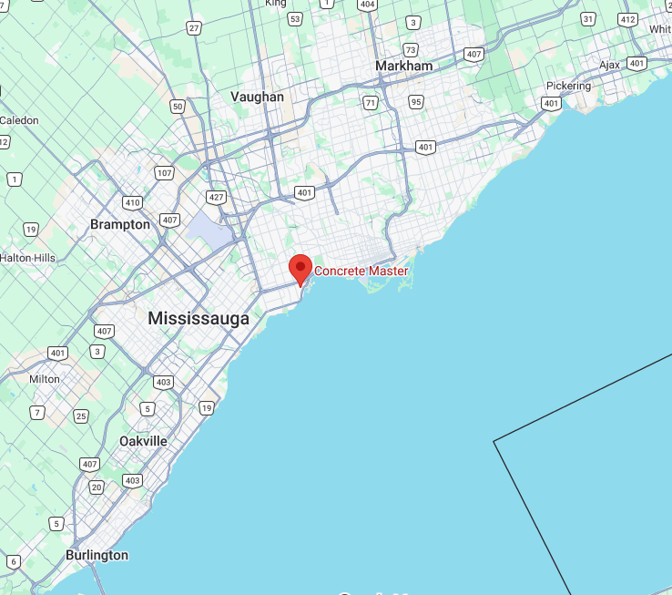 Map of the western Greater Toronto Area, from Burlington east to Pickering, marking the cities Concrete Master serves.